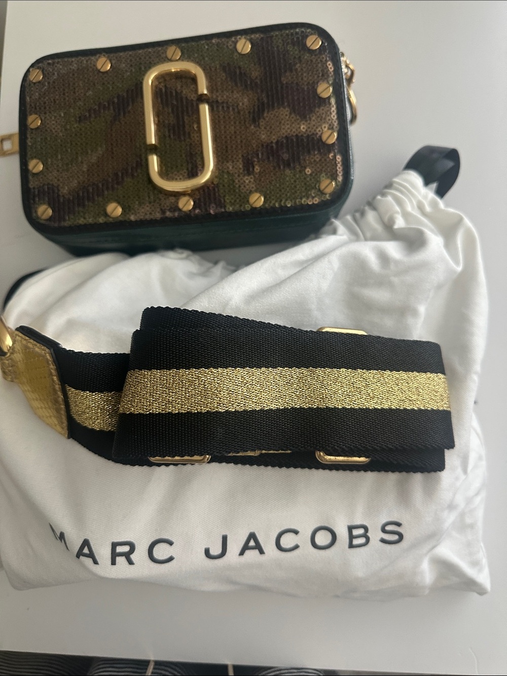 Wore A few times.. Marc Jacobs Green Camo Sequin Snapshot Bag with Gold Hardware